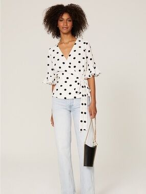 Great Jones Polka Dot Wrap Blouse with Ruffle Sleeves - White/Black